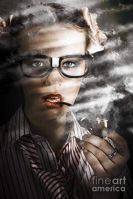 Wall Art featuring the photograph Female Business Spy With Smoke Near Window Blinds by Jorgo Photography