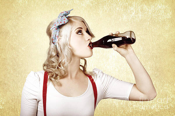 Wall Art featuring the photograph Girl Drinking Soda Drink At Vintage Sweets Shop by Jorgo Photography