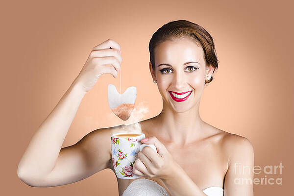 Wall Art featuring the photograph Happy Beautiful Pin Up Girl Drinking Tea Or Coffee by Jorgo Photography