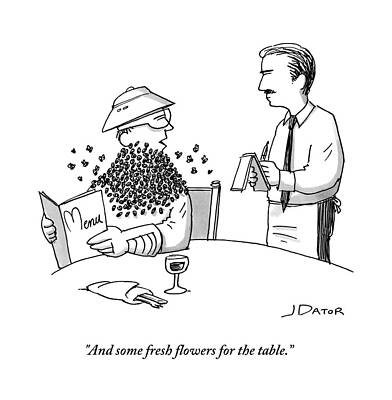 Bee Wall Art featuring the drawing Man Ordering At A Restaurant by Joe Dator