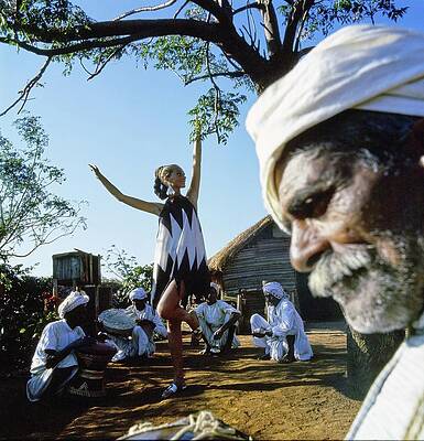 Dancing Photograph - Marisa Berenson Wearing A Print Dress #1 by Arnaud de Rosnay