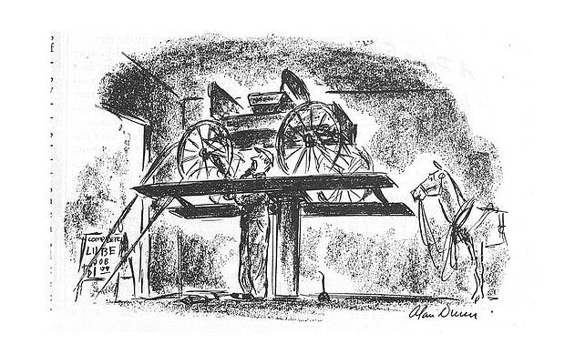 Vintage Carriage Service Scene Drawing