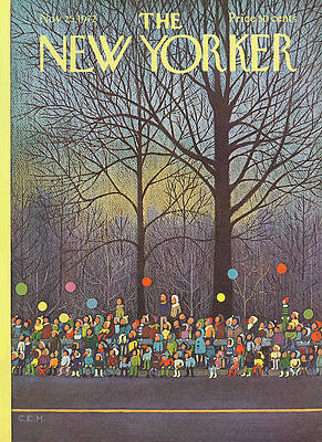 Colorful Crowd Under Bare Trees Painting