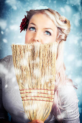 Wall Art featuring the photograph Pin-up Woman Cleaning Up In Cold Blue Winter Snow by Jorgo Photography