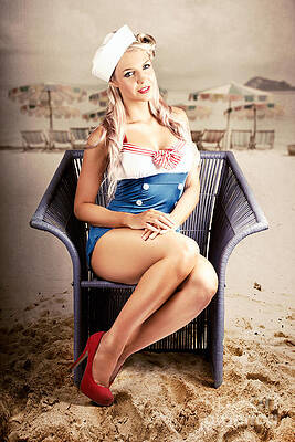Wall Art featuring the photograph Retro Blond Beach Pinup Model With Elegant Look by Jorgo Photography