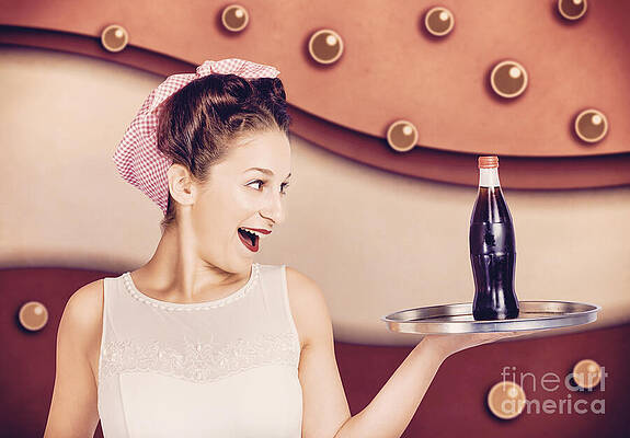 Retro pinup girl holding food and drinks tray by Jorgo Photography