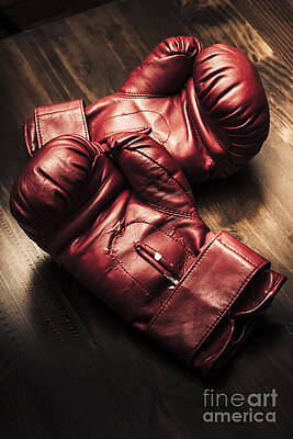 Red Boxing Gloves on Wooden Table Wall Art