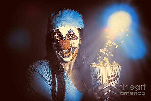 Wall Art featuring the photograph Scary Clown Watching Horror Movie In THEATER by Jorgo Photography