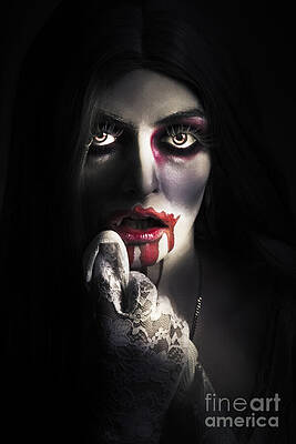 Wall Art featuring the photograph Scary Vampire Woman. Bloody Halloween Horror by Jorgo Photography