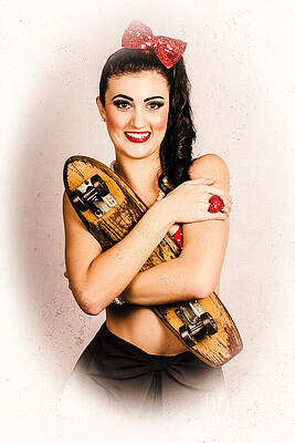 Wall Art featuring the photograph Vintage Portrait Of A Pin-up Model With Skateboard by Jorgo Photography