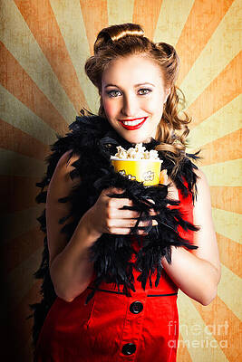 Vintage Woman Eating Popcorn At Movie Premiere by Jorgo Photography