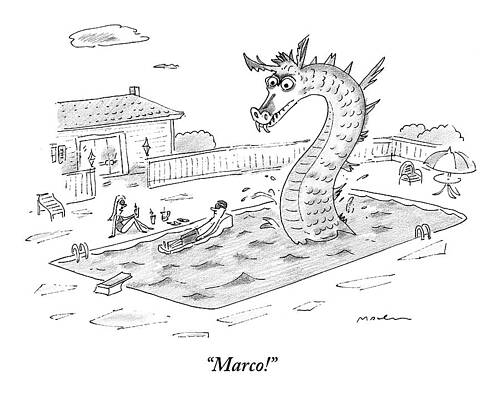 Swimming Wall Art featuring the drawing Woman Speaks To Man In A Pool With The Lochness #1 by Michael Maslin