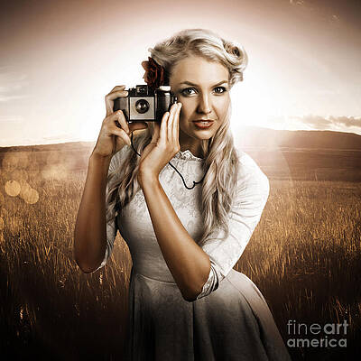 Wall Art featuring the photograph Young Female Photographer With Vintage Camera by Jorgo Photography