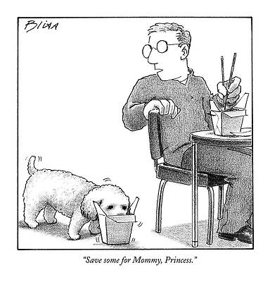 Man Watching Dog Eating Takeout Wall Art