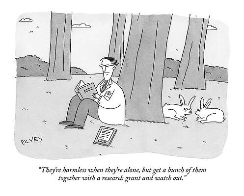 Scientist Reading with Curious Rabbits Drawing