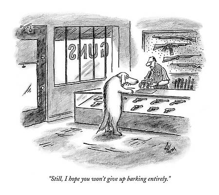 A Dog at a Gun Store Counter Drawing