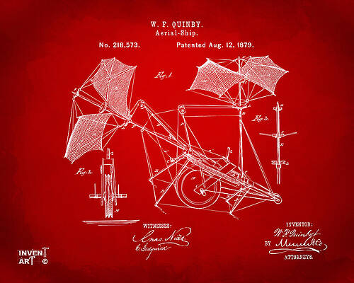 Pilot Digital Art - 1879 Quinby Aerial Ship Patent - Red by Nikki Marie Smith
