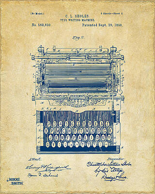 Music Digital Art - 1896 Type Writing Machine Patent Artwork - Vintage by Nikki Marie Smith