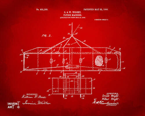 Pilot Digital Art - 1906 Wright Brothers Airplane Patent Red by Nikki Marie Smith