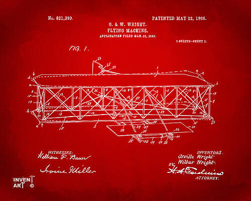 Pilot Digital Art - 1906 Wright Brothers Flying Machine Patent Red by Nikki Marie Smith