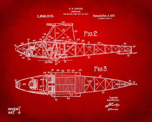 Pilot Digital Art - 1917 Glenn Curtiss Aeroplane Patent Artwork 2 Red by Nikki Marie Smith