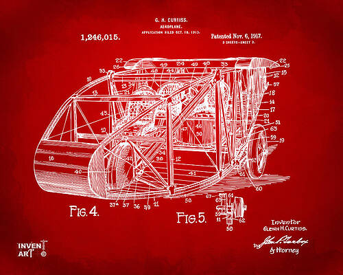Pilot Digital Art - 1917 Glenn Curtiss Aeroplane Patent Artwork 3 Red by Nikki Marie Smith