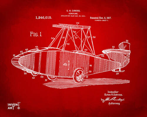 Pilot Digital Art - 1917 Glenn Curtiss Aeroplane Patent Artwork Red by Nikki Marie Smith