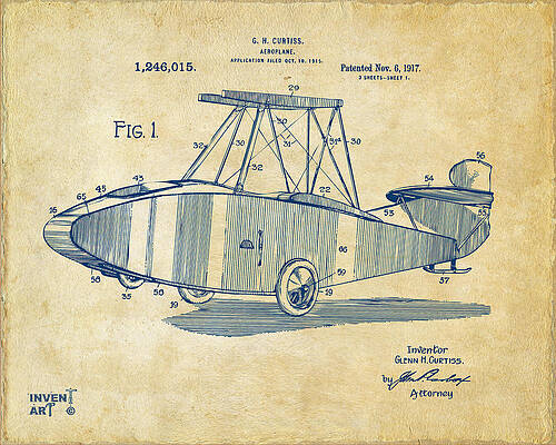 Pilot Digital Art - 1917 Glenn Curtiss Aeroplane Patent Artwork Vintage by Nikki Marie Smith