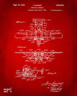Pilot Digital Art - 1932 Amphibian Aircraft Patent Red by Nikki Marie Smith