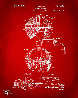 Music Digital Art - 1940 Welders Goggles Patent Artwork Red by Nikki Marie Smith