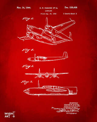 Pilot Digital Art - 1944 Howard Hughes Airplane Patent Artwork 2 Red by Nikki Marie Smith