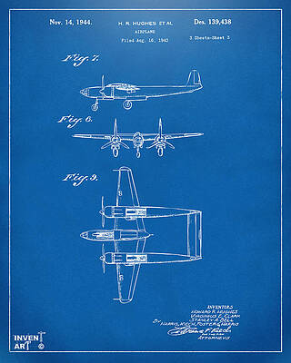Pilot Digital Art - 1944 Howard Hughes Airplane Patent Artwork 3 Blueprint by Nikki Marie Smith