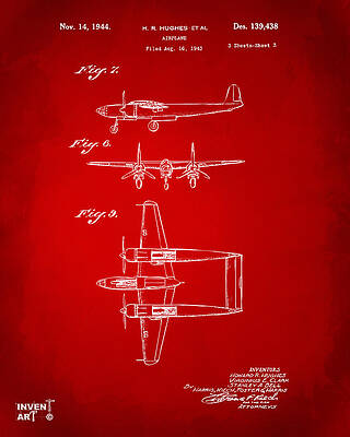 Pilot Digital Art - 1944 Howard Hughes Airplane Patent Artwork 3 Red by Nikki Marie Smith