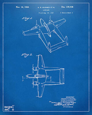Pilot Digital Art - 1944 Howard Hughes Airplane Patent Artwork Blueprint by Nikki Marie Smith