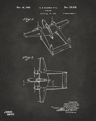 Pilot Digital Art - 1944 Howard Hughes Airplane Patent Artwork - Gray by Nikki Marie Smith