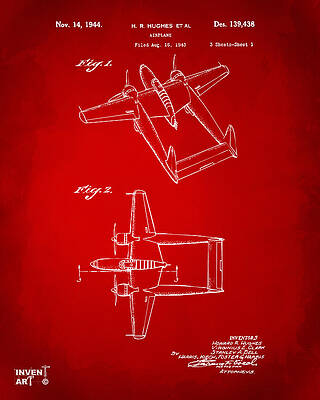 Pilot Digital Art - 1944 Howard Hughes Airplane Patent Artwork Red by Nikki Marie Smith