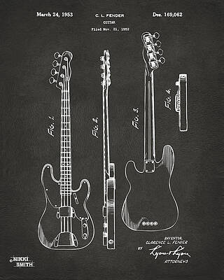 1953 Fender Bass Guitar Patent Artwork - Gray by Nikki Marie Smith