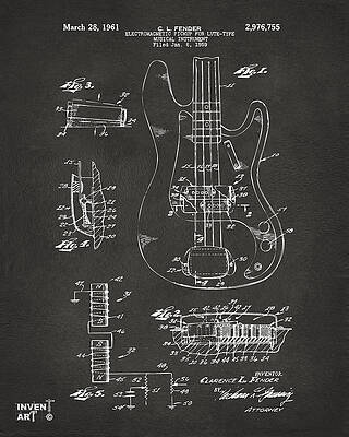 1961 Fender Guitar Patent Artwork - Gray by Nikki Marie Smith