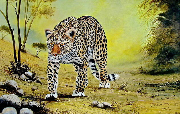 Kenya Wall Art featuring the painting Leopard On The Move #2 by Wycliffe Ndwiga