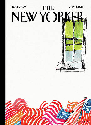 Dog Watching Flags Below a Window Painting