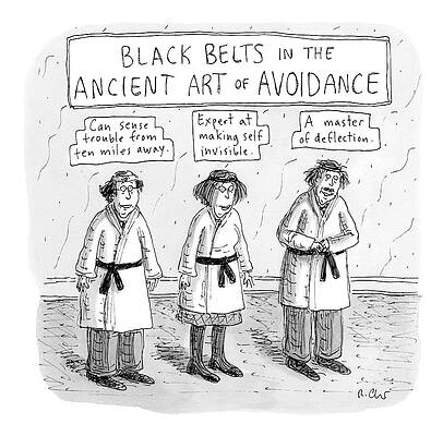 Anxious Drawing - 3 Middle-aged People In Karate Uniforms -- Black by Roz Chast