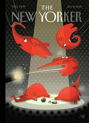 Red Elephants Performing Under Spotlight Wall Art