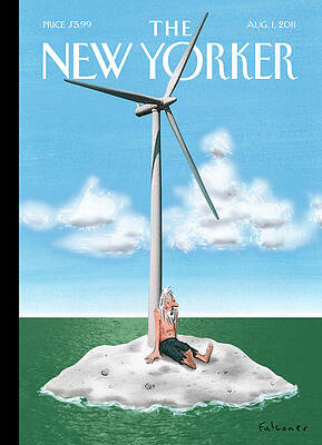 Man on Island with Wind Turbine Painting