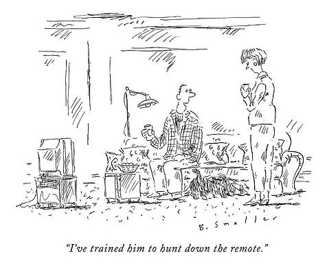 Remote Wall Art featuring the drawing I've Trained Him To Hunt Down The Remote by Barbara Smaller