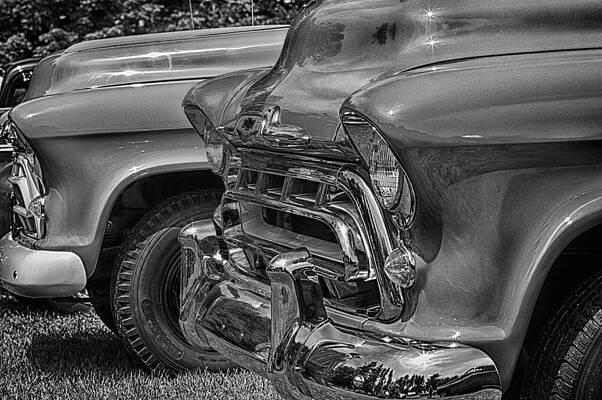 Reflection Wall Art featuring the photograph 57 Chevy Pickups In Black N White by Jeff Sinon