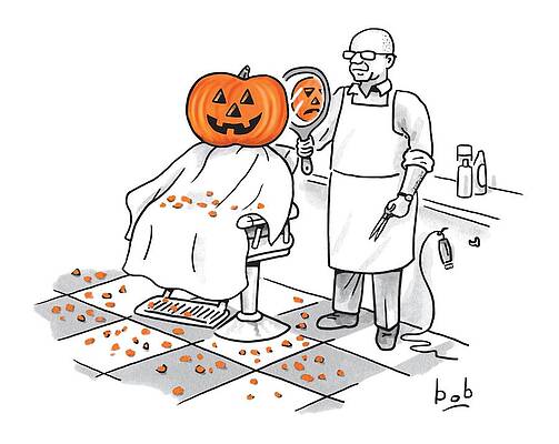 Halloween Wall Art featuring the drawing A Barber Shows A Smiling Jack-o-lantern The Back by Bob Eckstein