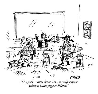 Yoga Wall Art featuring the drawing A Bartender In A Saloon Looks Alarmed As Two by David Sipress