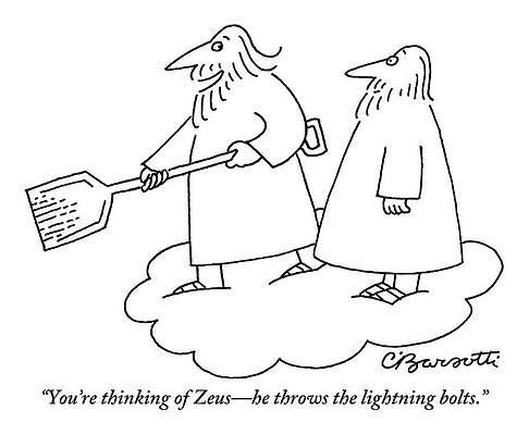 Lightning Drawing - A Bearded Man Standing On A Cloud Is Shoveling by Charles Barsotti