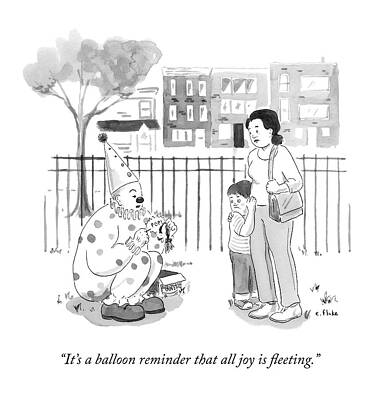 Joy Drawing - A Birthday Clown Pops A Balloon For A Little Boy by Emily Flake