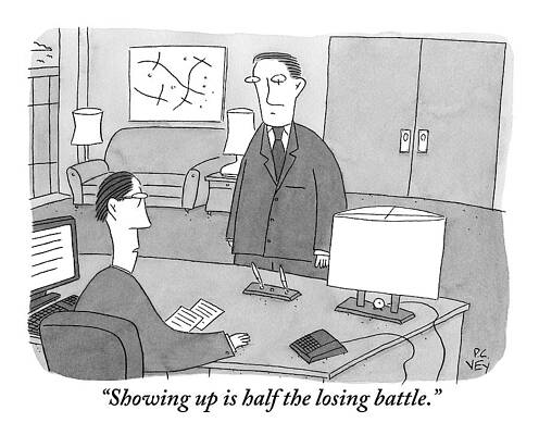 Battle Wall Art featuring the drawing A Boss Sitting At His Desk Speaks To An Employee by Peter C. Vey